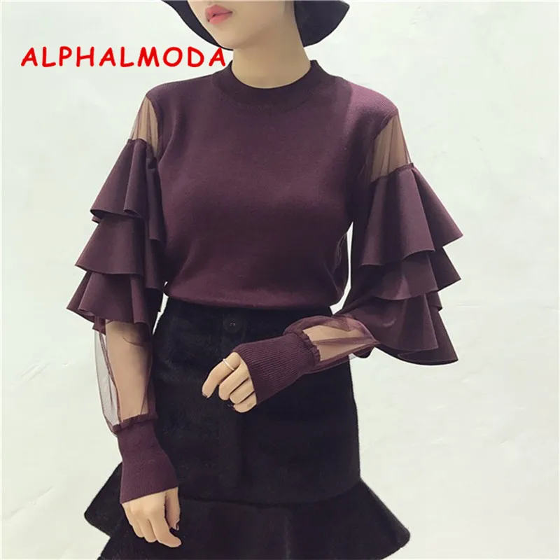 Женский джемпер с оборками ALPHALMODA пуловер рукавами из марлевой ткани