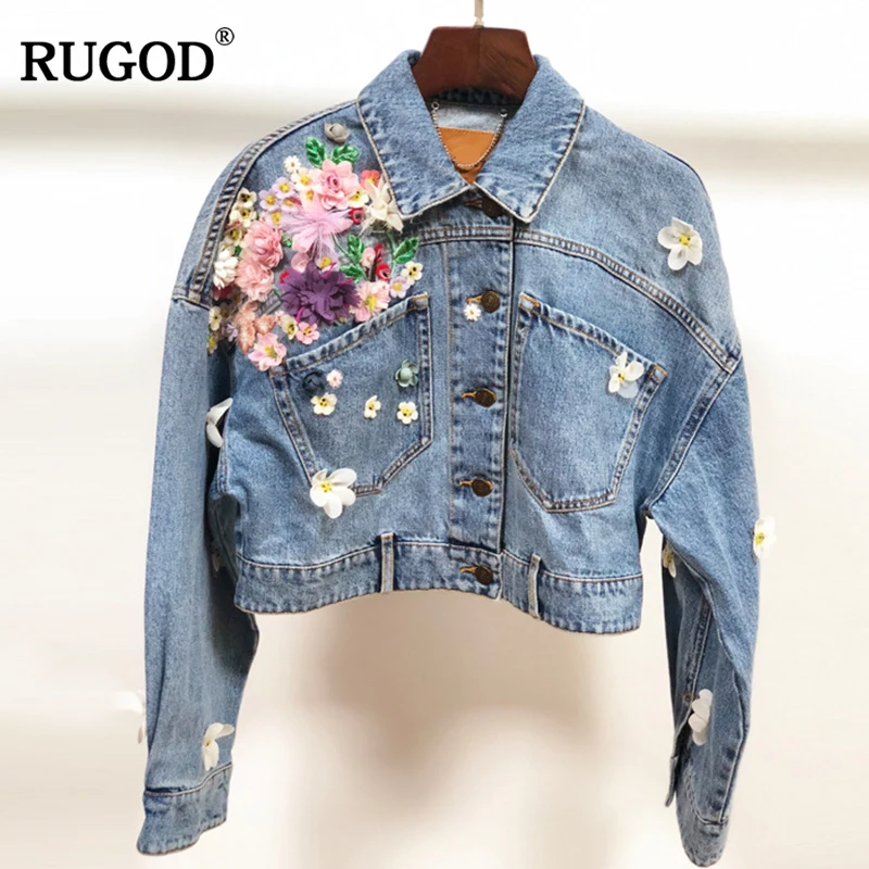 RUGOD 2018 Новая мода ручной работы 3D Цветочная вышивка джинсовая куртка женская с