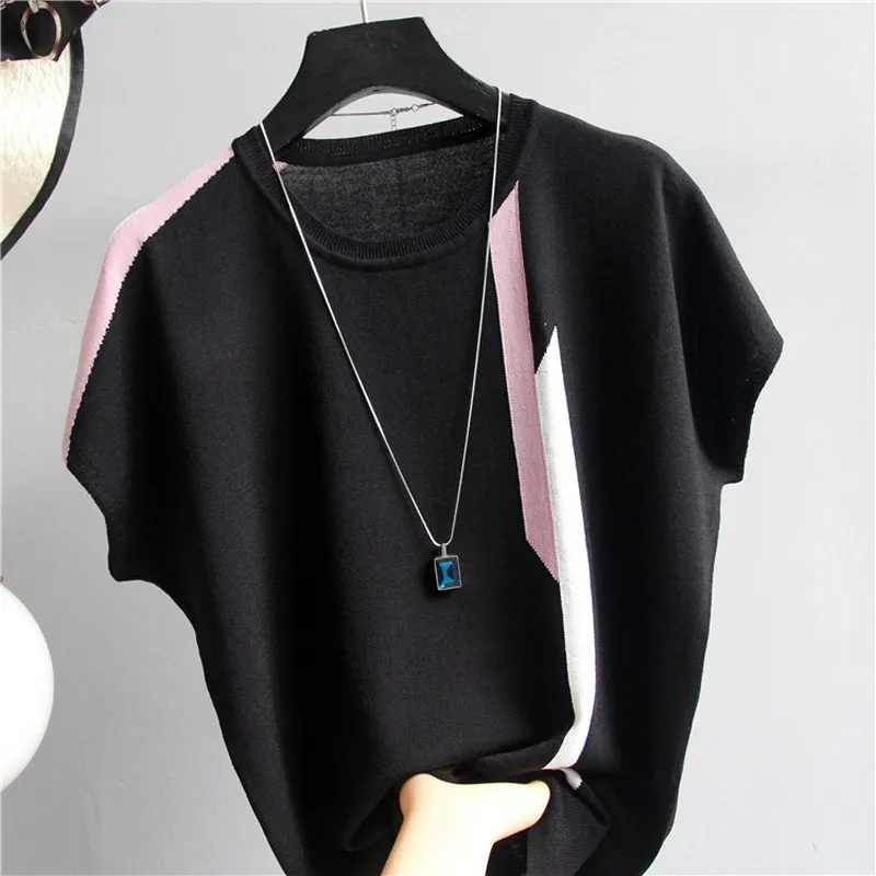 Женская трикотажная футболка и пуловер с круглым вырезом полосатая короткими