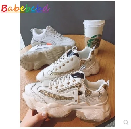 Золотой Babebcbd INS/спортивная женская обувь; Новинка года; сезон весна; белые студенческие туфли Baitao на толстой подошве; умно дымчатые кроссовки для бега - Цвет: Золотой