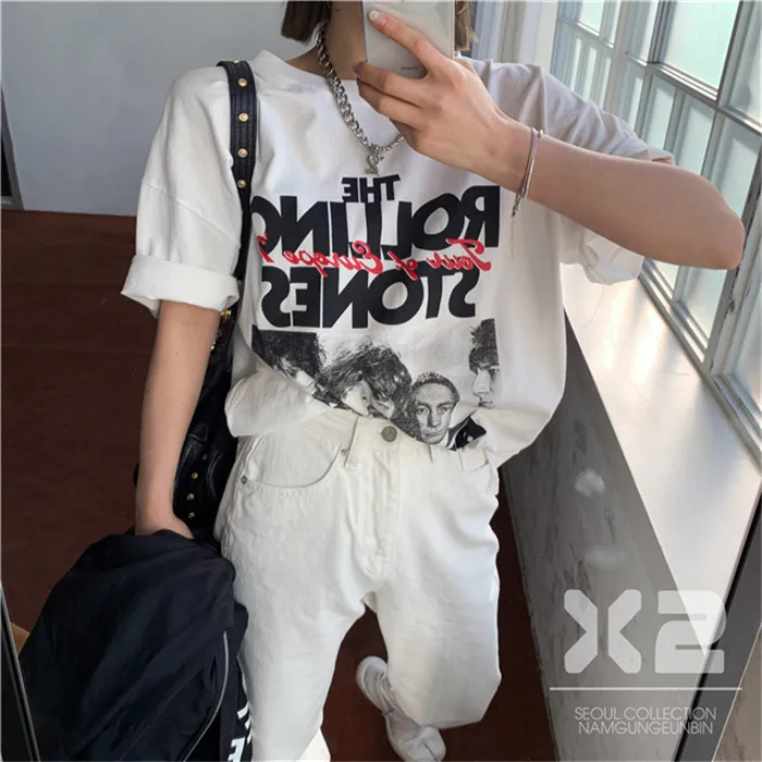 RUGOD Harajuku стиль модная женская футболка rolling stone Принт Свободные Короткие рукава белый Уличная modis летние женские топы