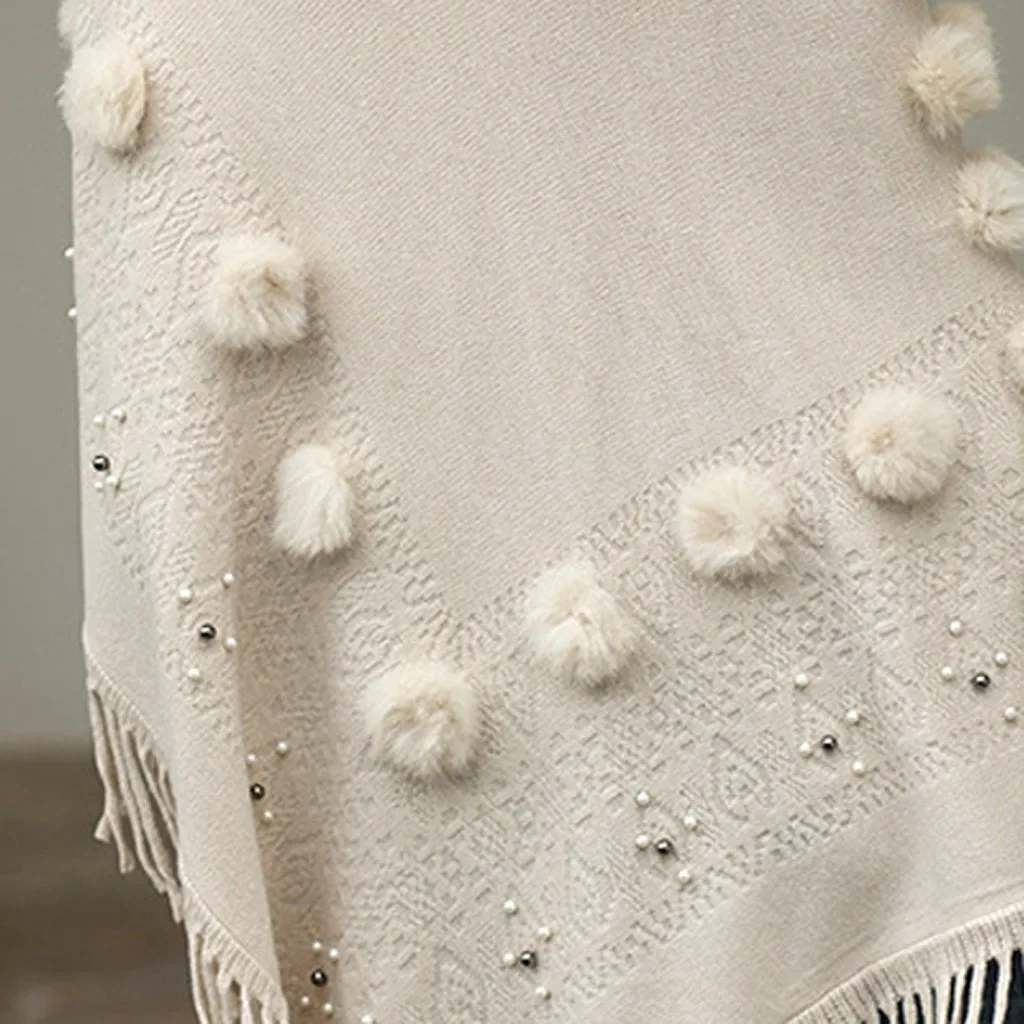 Women O-Neck Solid Hairball Tassel Sweater Autumn Vintage Pulover Fashion Coat Loose Knitted Shawl Poncho Ladies Clothes#N | Женская