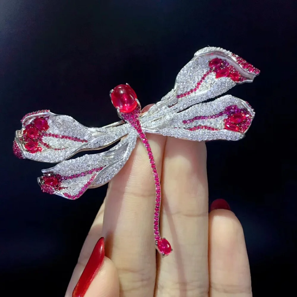 

dragonfly brooch 925 sterling silver with cubic zircon fine women jewelry free shipping red and white mix color