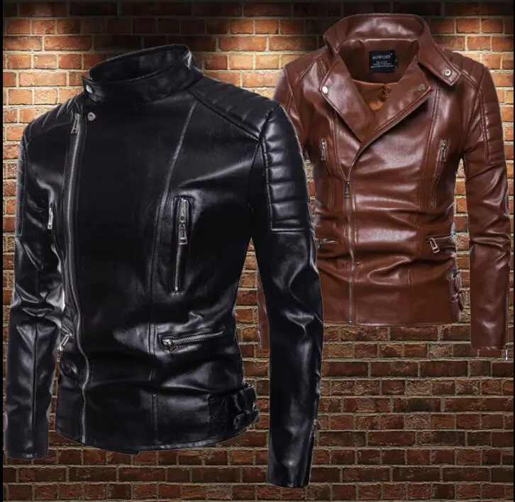 Куртка мужская кожаная на молнии мотоциклетная куртка с воротником стойкой