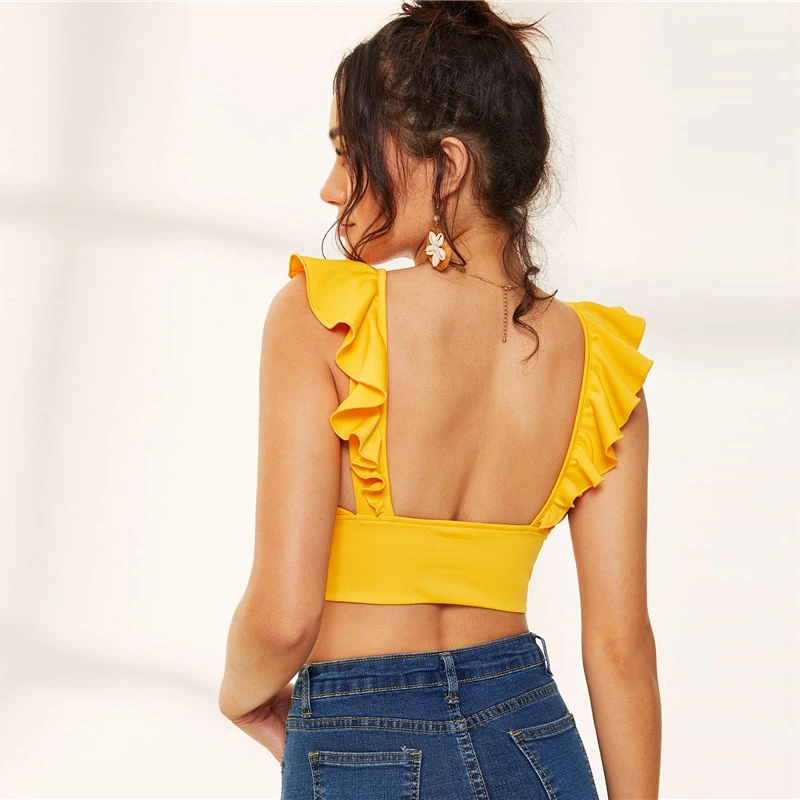 SHEIN желтый сексуальный топ с глубоким вырезом и оборкой, женская одежда, летний топ без рукавов для девушек, Приталенный жилет, майка