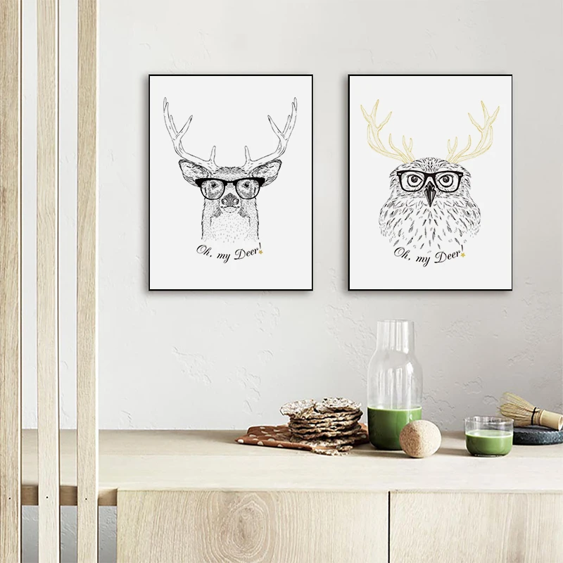 Sen Cartoon Cute Nordic Minimalist Owl Animal Pattern Background Painting Core Decorative Modern No Frame | Дом и сад