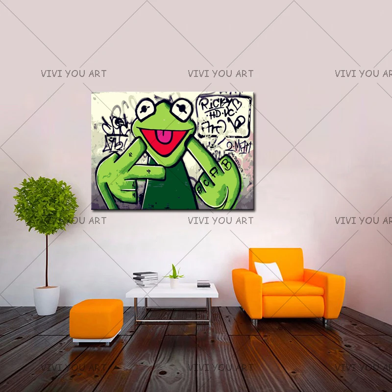Уличные граффити искусство лягушка Kermit палец 100% ручная работа Холст Картина
