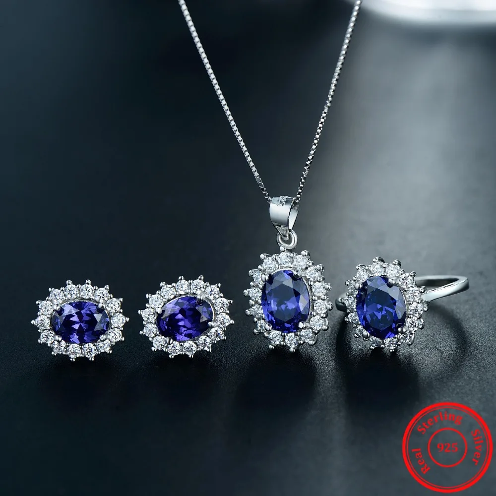 

7 Color Classic Real 925 Sterling silver Jewelry Sets Fashion Earrings Clear Oval Crystal Pendant Necklace For Women Chain