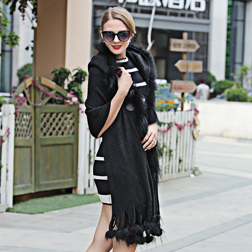 2018 натуральный шарф пончо с лисьим мехом женские толстовки капюшоном теплая