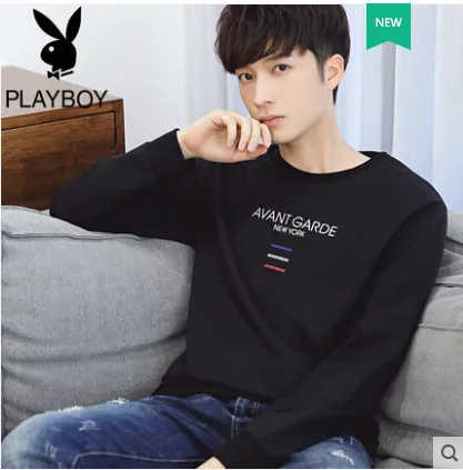 Playboy мужская с длинным рукавом мужская Осенняя молодежная с круглым вырезом Мужская Ранняя осень тонкая рубашка толстовка - Цвет: Черный