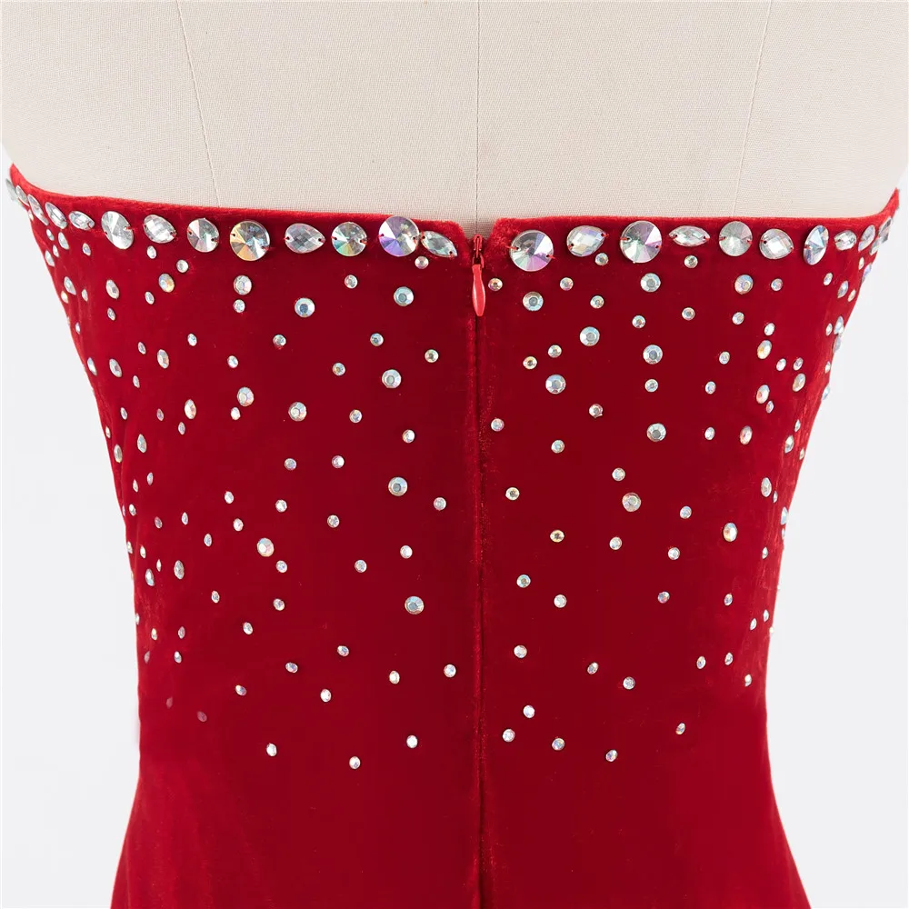 

Red Prom Dresses Mermaid Sweetheart Beaded Crystals Velvet Backless Sexy Slit Long Prom Gown Evening Dresses Robe De Soiree