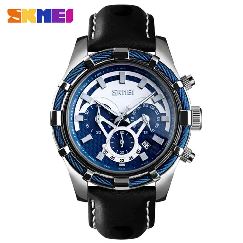 Silver SKMEI мужские часы Топ Бренд роскошные кожаные спортивные часы модные кварцевые часы мужские водонепроницаемые часы Relogio Masculino - Цвет: Silver