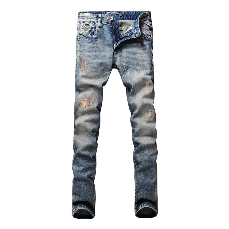 

Vintage Fashion Men Jeans Retro Blue Slim Fit Destroyed Ripped Jeans For Men Patch Embroidery Design Denim Pants Classical Jeans