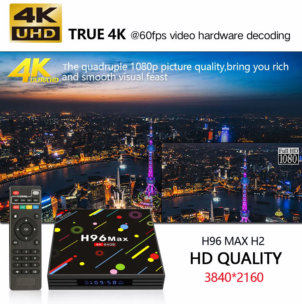 H96 MAX H2 светодиодный осыпи ТВ коробка Android 7,1 4 Гб 64 Гб RK3328 4 ядра 2,4 г/5g Wi-Fi USB 3,0 Bluetooth с поддержкой 4 k HDR VP9 смарт-медиа-плеер