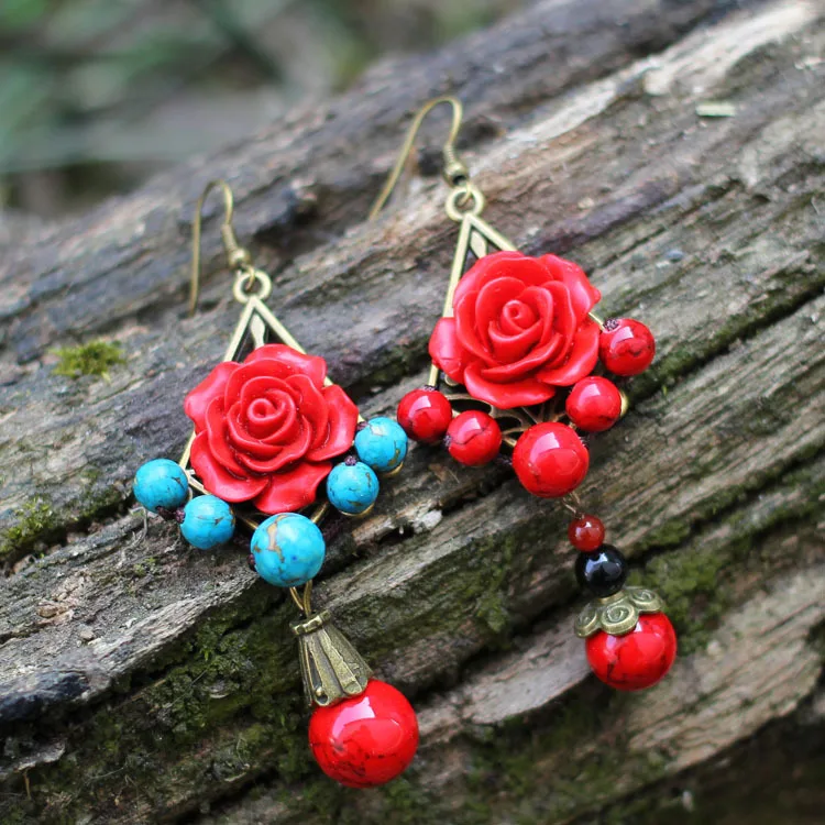 Женские серьги капли в этническом стиле Винтажные с камнями и бусинами 0295|earrings