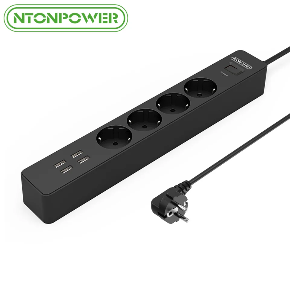 Black NTON Мощность НСК Smart USB Мощность полосы гнездо ЕС Plug перегрузки коммутатора Стабилизатор напряжения 4 розетки 4 Порты и разъёмы USB Зарядное устройство- 1,8 м Мощность шнур - Цвет: Black
