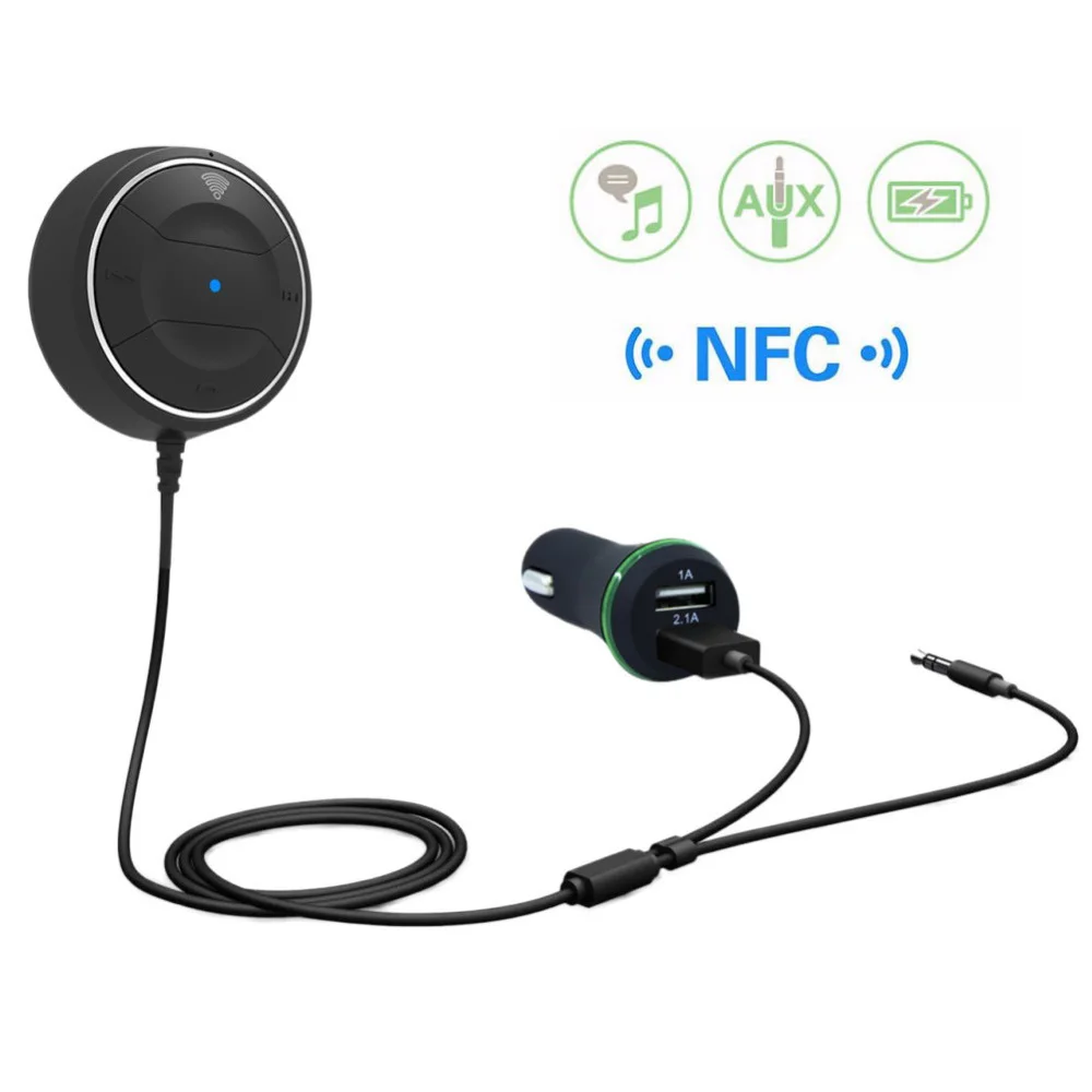 

Konrisa Bluetooth 4.0 Handsfree Car Kit FM Transmitter Modulator AUX Output USB Charger NFC Music Player Adapter for Two Phones
