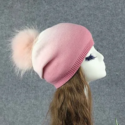 pink Шарик из меха енота, шапка, помпоны, зимняя женская шапка, шапка для девочек, вязаные шапочки, шапка высокого качества, зимняя женская Лыжная шапка - Цвет: pink