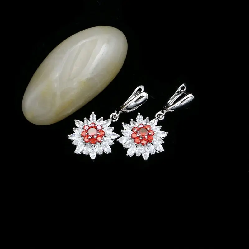 925 Sterling Silver Bridal Jewelry Sets For Women Red Cubic Zirconia White Crystal Drop Earrings/Pendant/Necklace/Ring | Украшения и