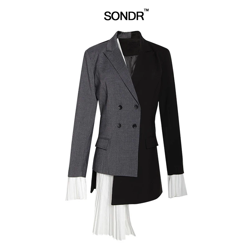 

SONDR 2019 New Summer Lapel Long Sleeve Gray Hit Color Pleated Irregular Split Joint Jacket Women Coat Fashion Tide New