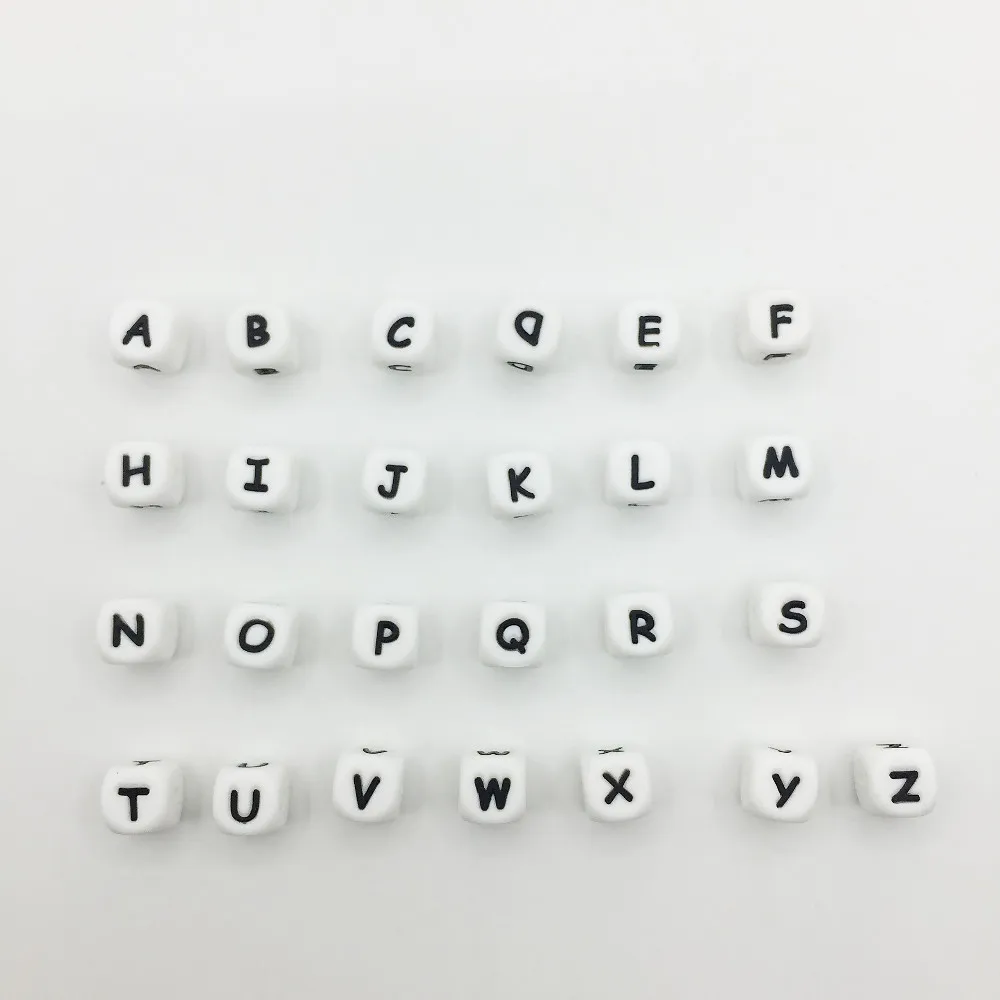 10 шт./лот силиконовые буквы бусины, Прорезыватель для имени на соски-пустышки цепи клипы 12 мм Жевательная Алфавит Цепочки и ожерелья для режущихся зубов