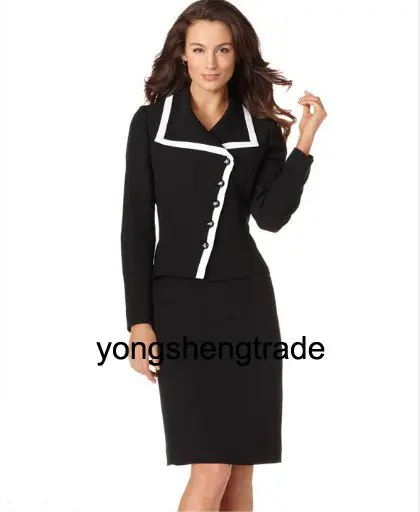 Черный Костюм Женщин Новых Прибытия Костюмы Асимметричный Кнопку Пиджак и Юбка