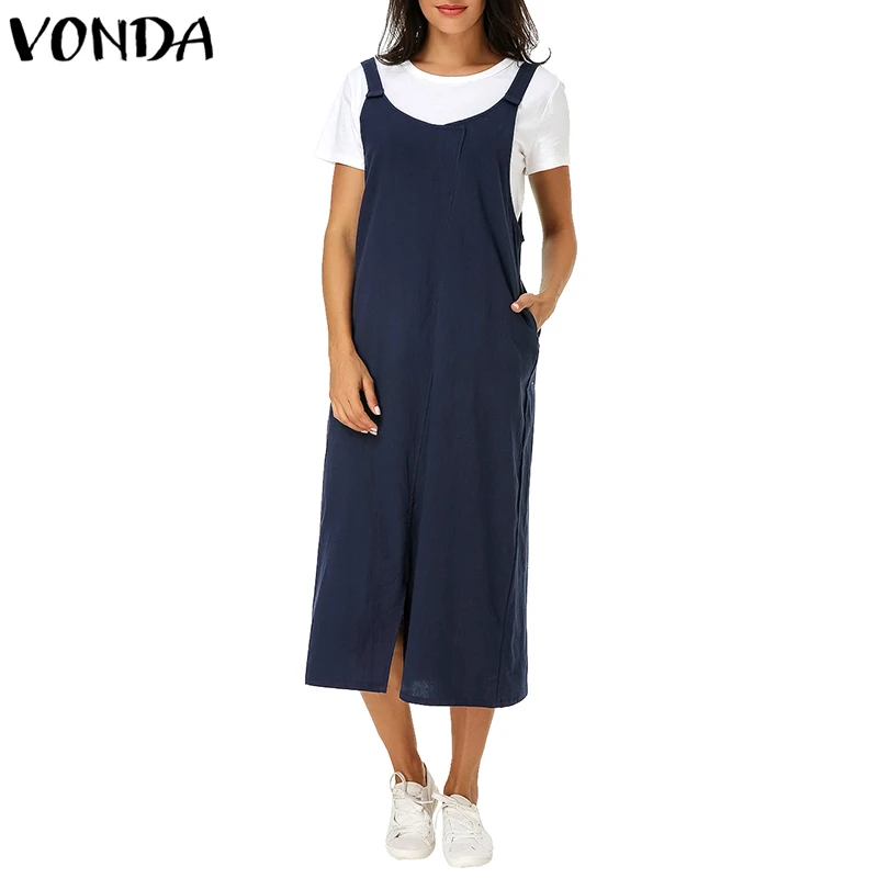 VONDA, женское винтажное Хлопковое платье,, летнее, v-образный вырез, без рукавов, с разрезом, с карманами, одноцветное платье, повседневное, свободное, до середины икры, Vestido размера плюс