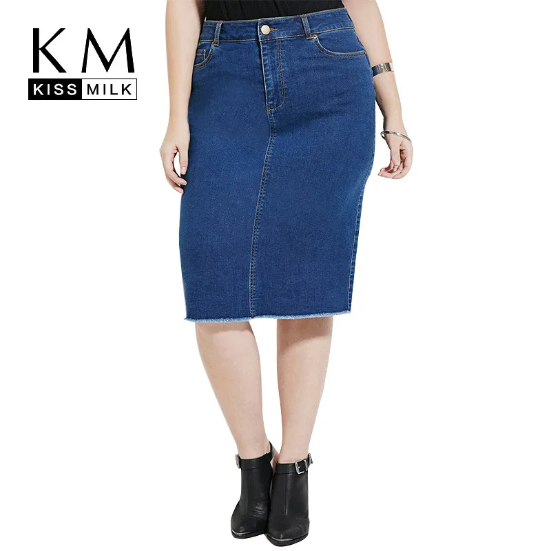 Женская джинсовая юбка Kissmilk однотонная с карманами длиной до колена 3XL 4XL 5XL 6XL