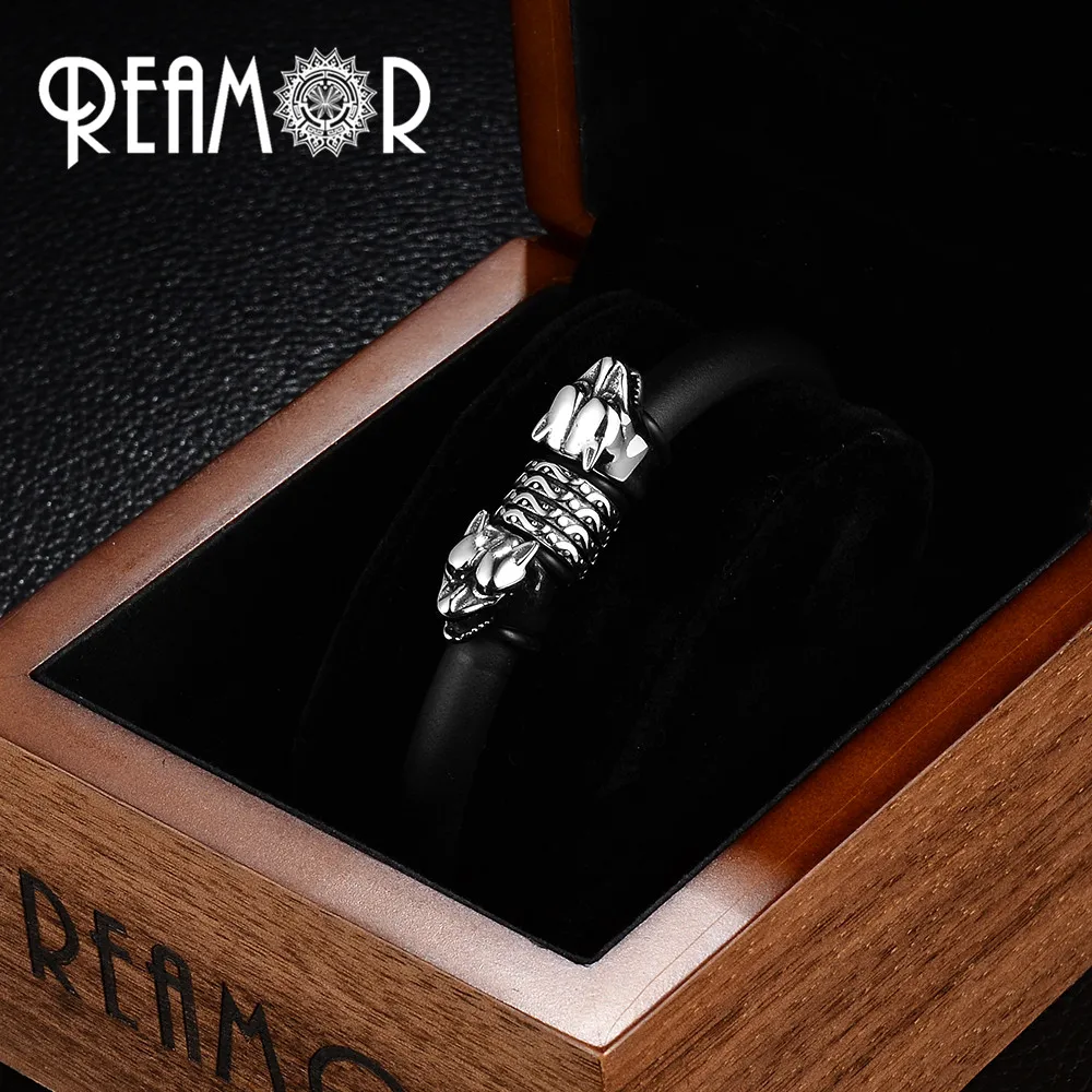 Мужской браслет с волчьей головкой REAMOR плетеный из нержавеющей стали 316L