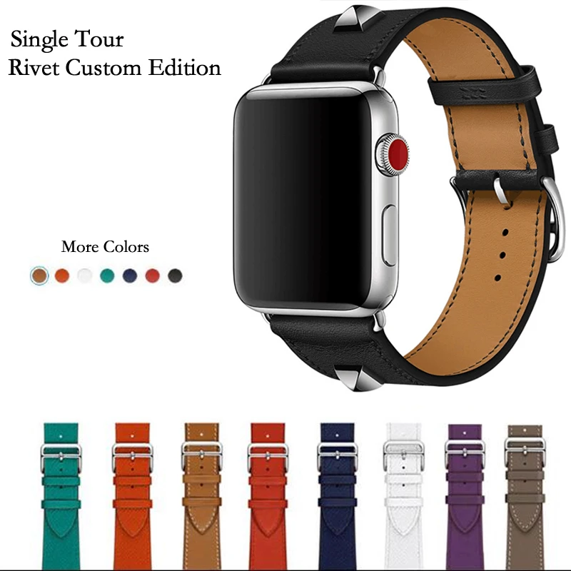 

40mm 44mm Genuine Leather Rivet Custom Edition Single Tour iWatch 45mm 41mm band Strap For herm Apple Watch Series 7 6 5 4 2 3