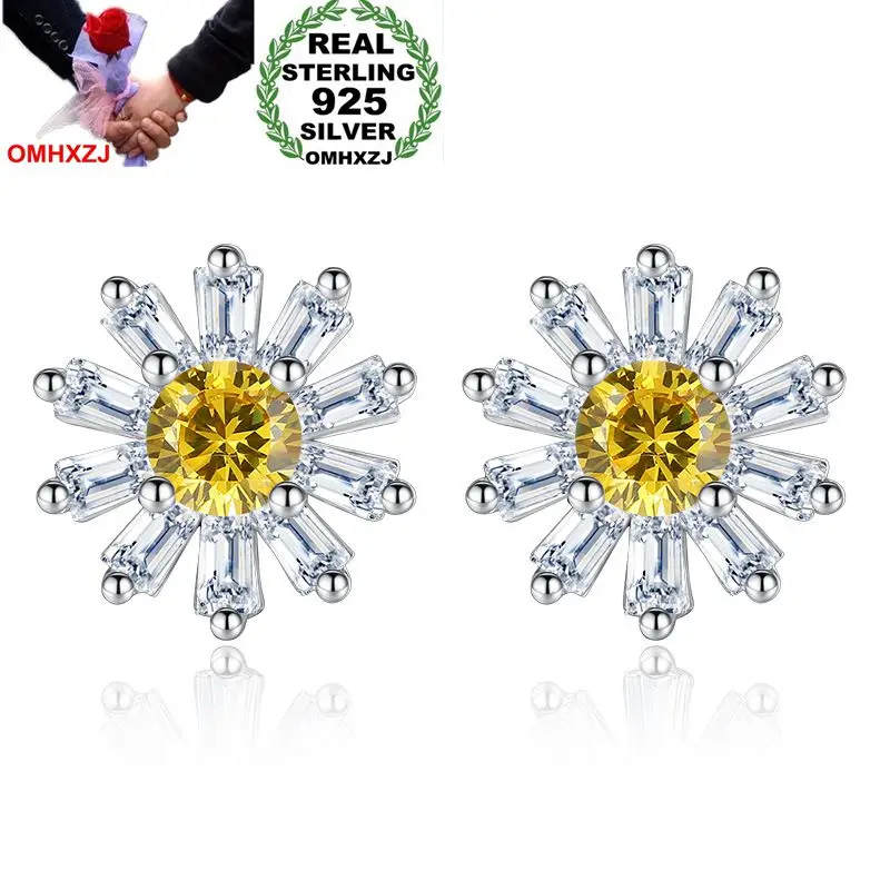 OMHXZJ Wholesale Personality Fashion Sweet Woman Girl Gift White &amp Yellow Sakura Daisy 925 Sterling Silver Stud Earrings YS468 |