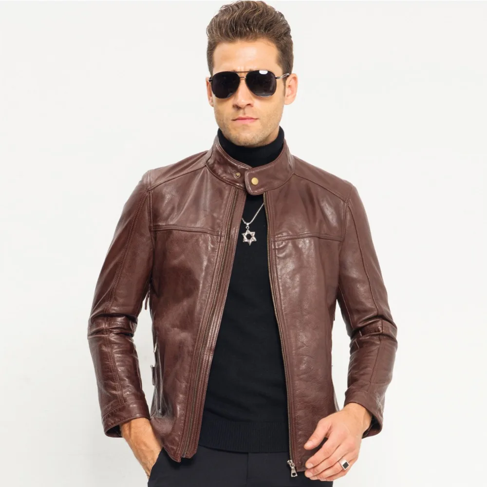 Мужская куртка из коровьей кожи облегающая мотоциклетная 100% натуральной TJ8103|jacket