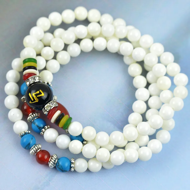 

6mm Natural White Tridacna gemstone beads Tibetan Buddhist 108pcs Prayer Beads Gourd mala Prayer Bracelet for Meditation