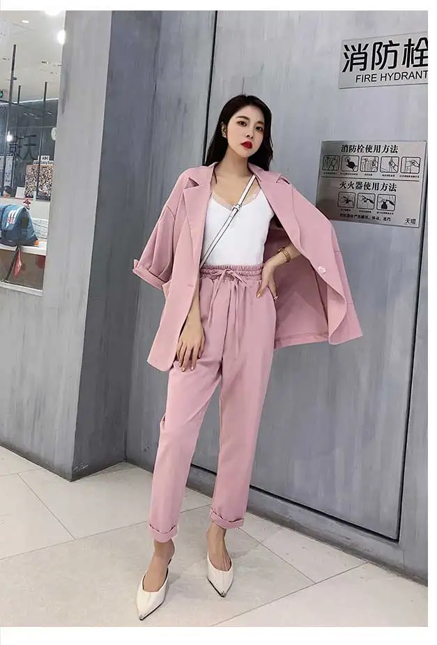 Pink Женский брючный костюм, свободный Блейзер, куртка на шнуровке с бантом, эластичные штаны с высокой талией, Женский повседневный комплект из 2 предметов, Лидер продаж S96130Z - Цвет: Pink