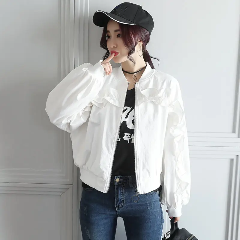 Куртка бомбер женская короткая с длинным рукавом на молнии оборками C5485|Женские