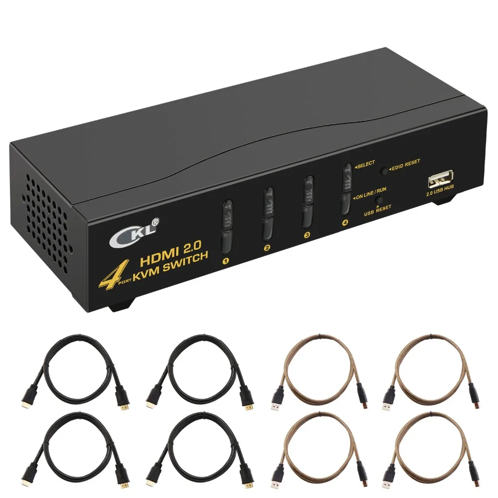 4-портовый HDMI KVM-переключатель CKL, HDMI2.0 KVM-переключатель, поддержка порта 4K @ 60Hz, 3D CKL-94H2, с USB2.0 Hub, с 4 квм-кабелями
