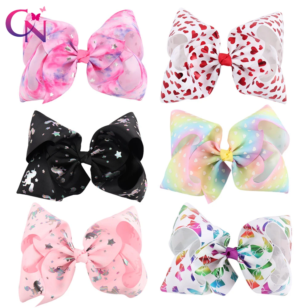 

6 Pieces/lot 7" Hair Bows With Clips For Kids Girls Handmade Large Metalic Prints Ribbon Bows Hairgrips Hair Accessories