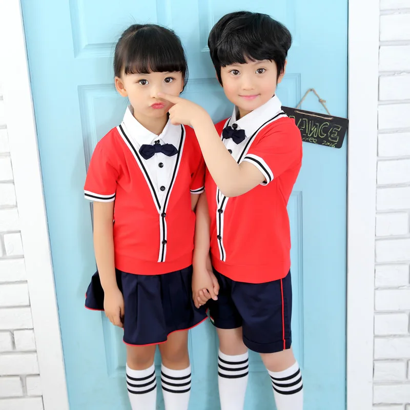 Girls boy Children School Uniform Dresses Kids England Style Short Sleeve Causal Bow Dress Fall Performance #8714 |