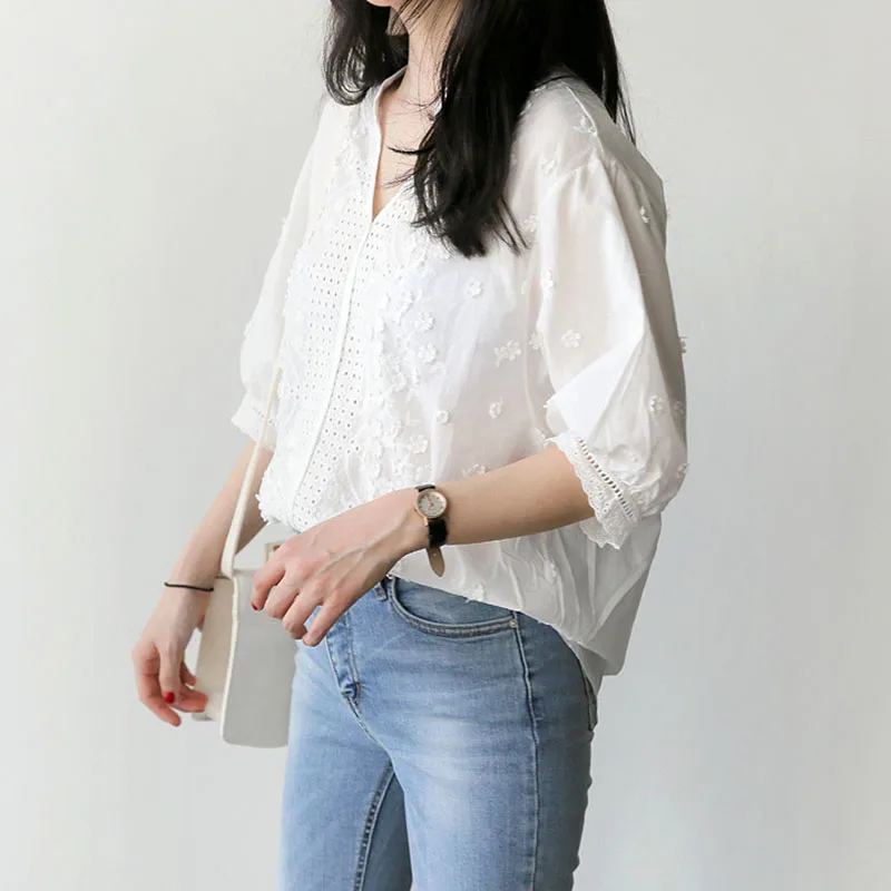 Женская блузка с вышивкой белая рубашка из хлопка 2020|embroidery blouse|women blousesblouses plus |