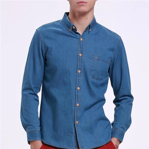 Medium Blue Высококачественная Модная Джинсовая рубашка с длинным рукавом, однотонная Повседневная приталенная Потертая джинсовая мужская рубашка из хлопка, ковбойская одежда 3XL X116 - Цвет: Medium Blue