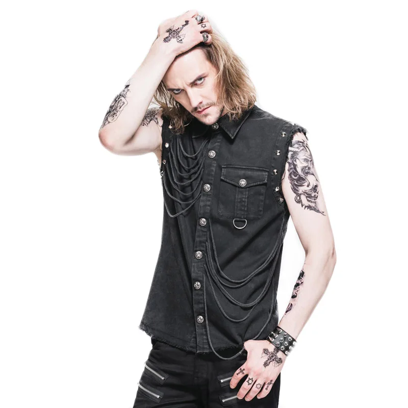 Gothic Punk Shirts Fashion Men Summer Sleeveless Cotton Shirt Tops Black Cowboy Rivets Slim Fit Clothing Large Sizes