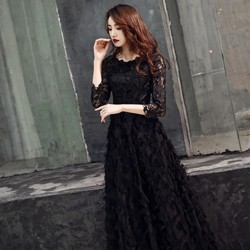Black Dress Белое Кружевное длинное вечернее платье с перьями для женщин, элегантное вечернее платье в пол с круглым вырезом и рукавом 3/4 размера плюс - Цвет: Black Dress