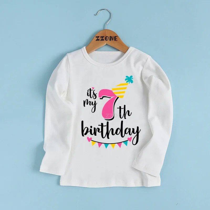 whiteG Футболка с надписью «Happy Birthday» и цифрой 1-9 для девочек одежда с длинными рукавами для малышей Детская забавная футболка в подарок на день рождения с цифрами LKP2432 - Цвет: whiteG