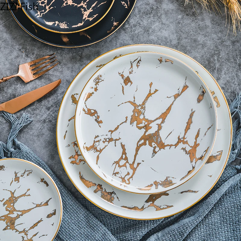 Керамическая обеденная тарелка с мраморной текстурой для риса салата лапши