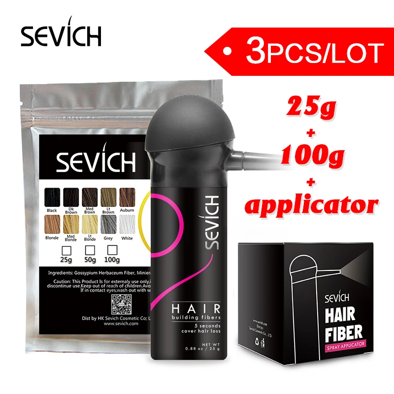 Sevich-fibras de construcción de cabello en polvo, kit de bomba aplicadora de boquilla, gel de 25g, extensión de fibras de estilismo gruesas para la pérdida de cabello, 100g, 3 unids/lote