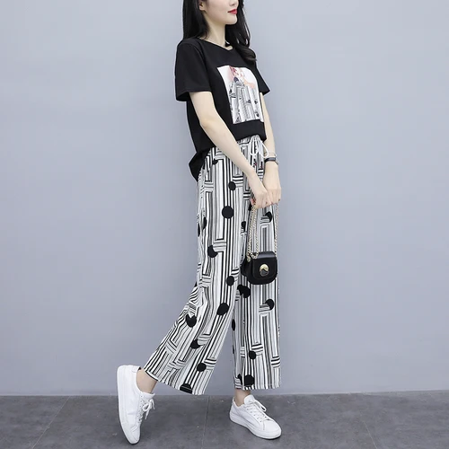 Женский костюм футболка и брюки из шифона с принтом широкие лето 2019 | Женская