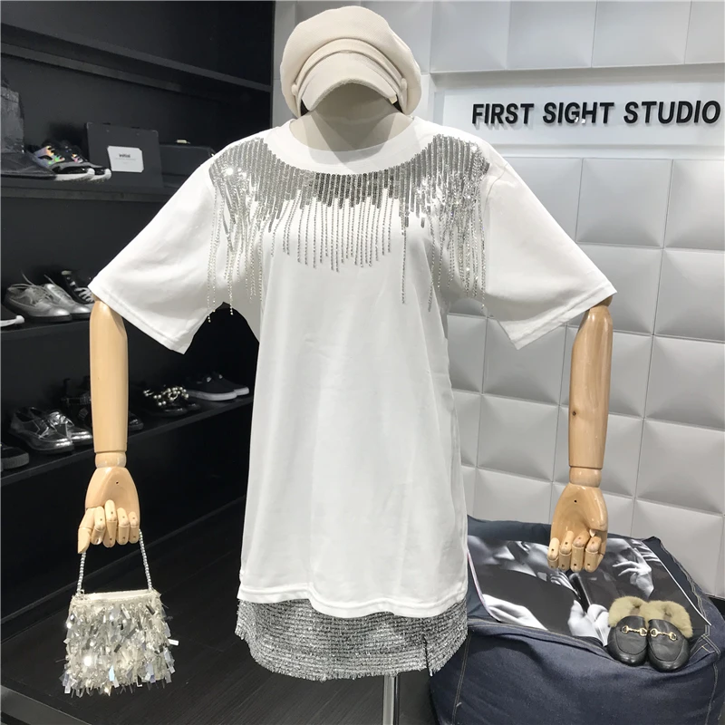 В Корейском стиле Футболка с пайетками для женщин 2021 летние топы кисточками и