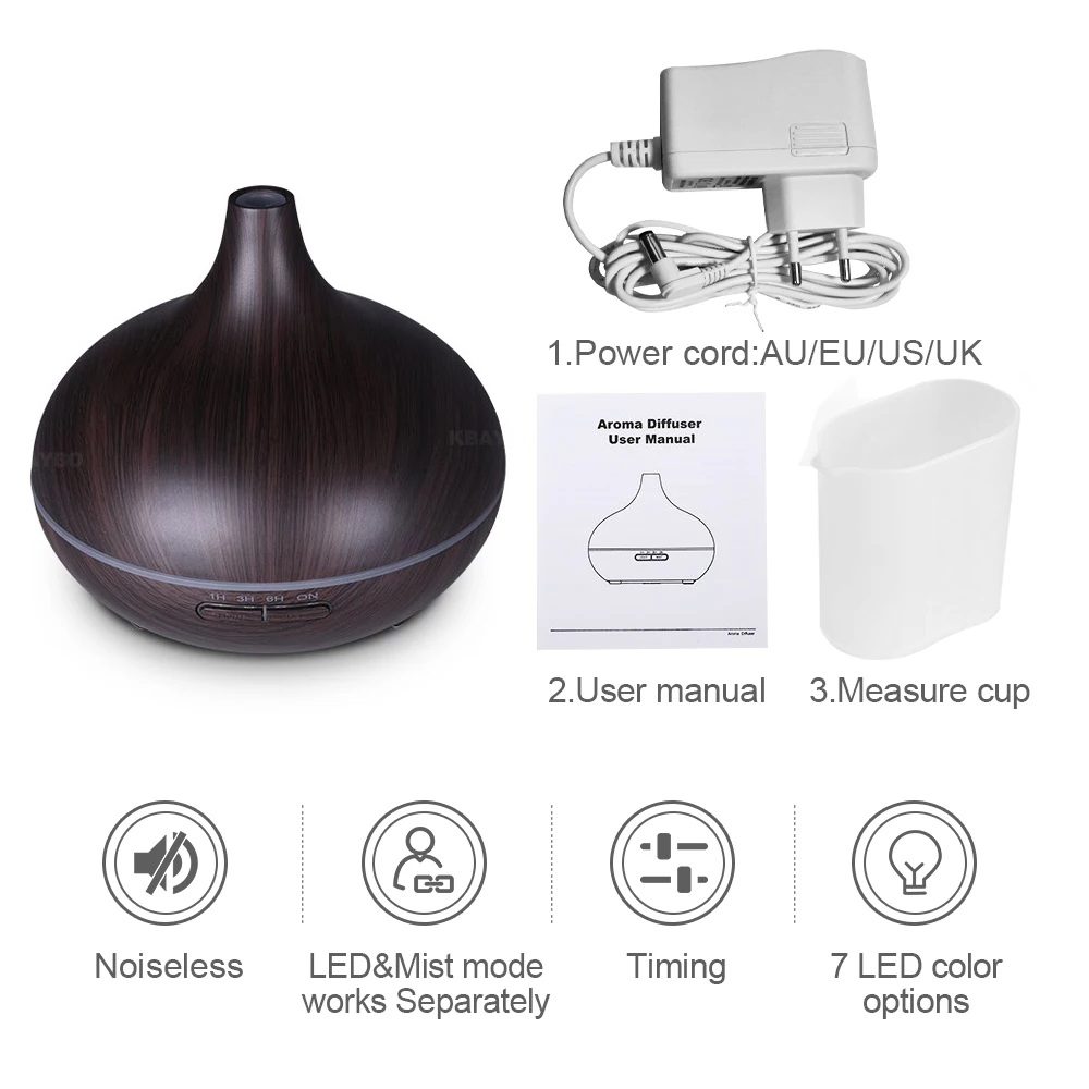 

500ml Ultrasonic Air HumidifierAroma Essential Oil Diffuser with Wood Grain 7 Color Changing LED Lights for Office Home
