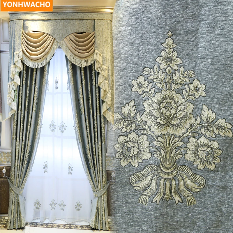 

Custom curtains Thick chenille jacquard luxury European Exquisite bedroom grey cloth blackout curtain tulle valance drapes B310
