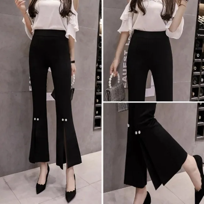black beading KZ659 Расклешенные брюки с заклепками, кружевные повседневные штаны с высокой талией, Эластичные Обтягивающие Брюки, Женские рабочие брюки с бисером, весенне-летние мягкие брюки - Цвет: black beading KZ659